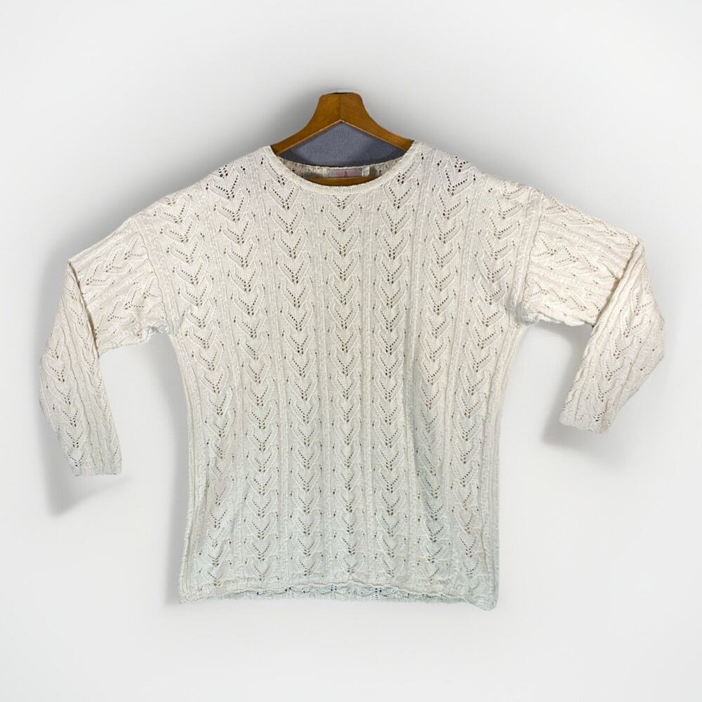 VTG Cable Knit Sweater Womens Sz L Cream Chunky Chore Barn Cottagecore Fisherman